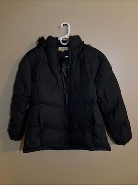 Kids Black Puffy Jacket with Faux Fur-Trimmed Hood
